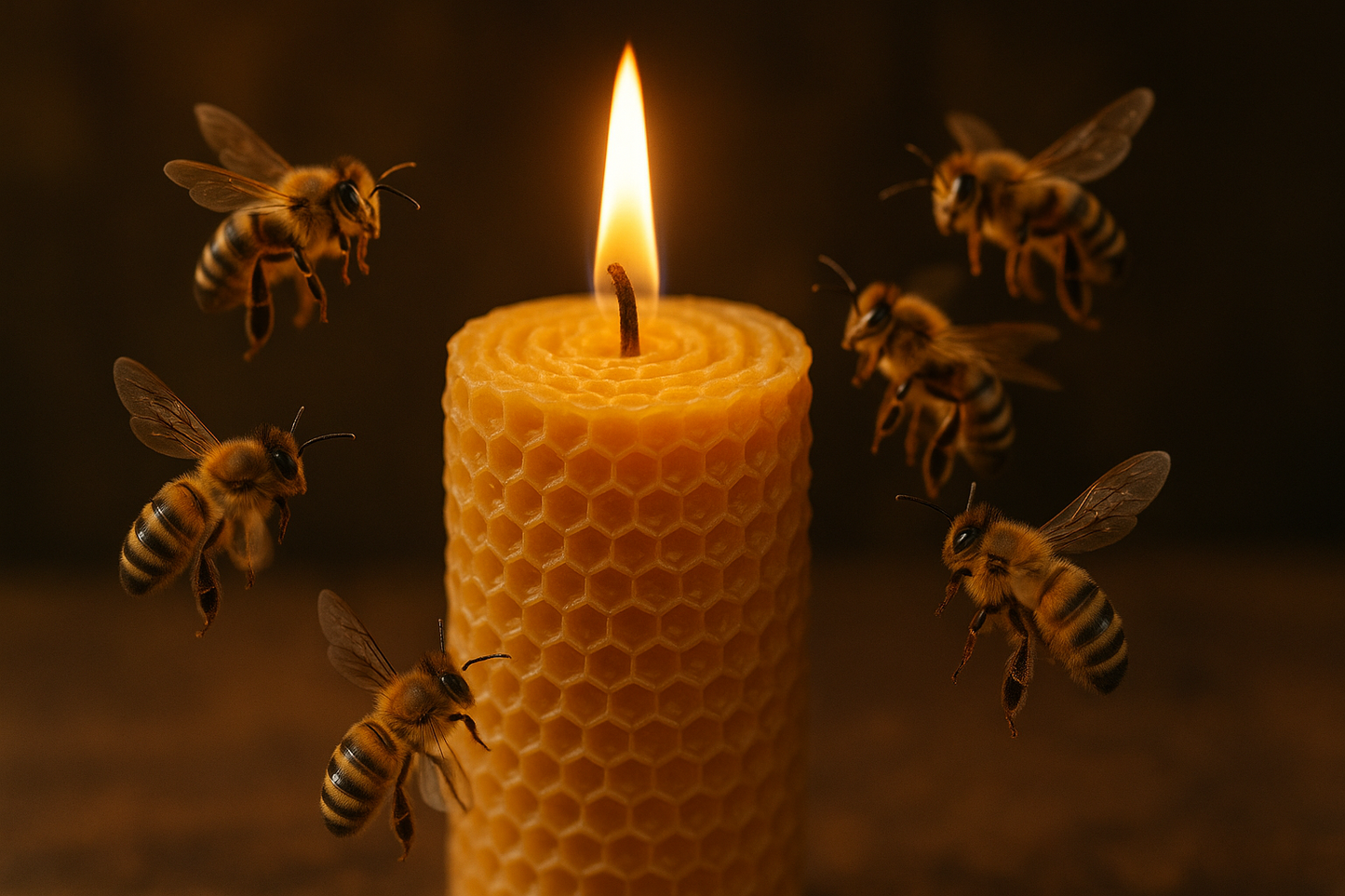 Bees buzzing around a rolled beeswax burning candle
