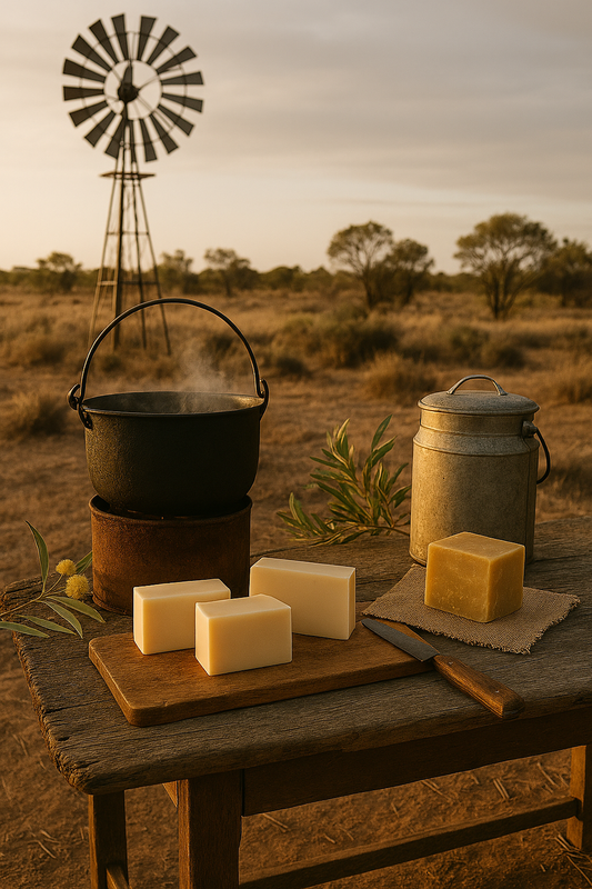 Hand-poured tallow soap curing under Western Australian skies beside a rustic windmill