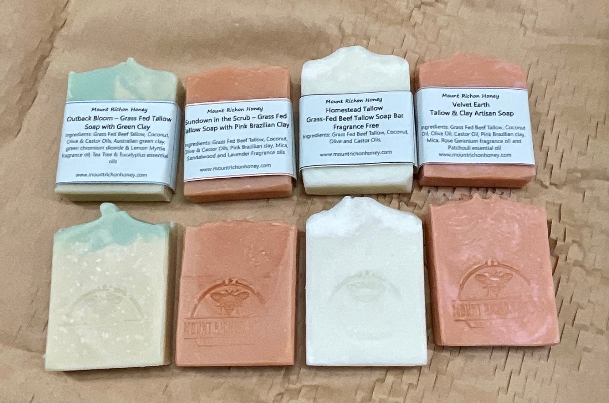 Cold process soap bars made with grass-fed tallow and clays