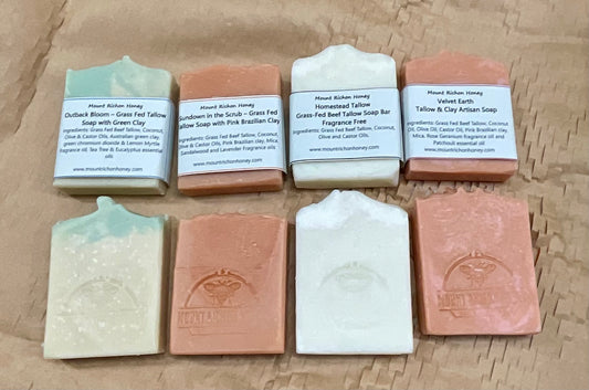 Cold process soap bars made with grass-fed tallow and clays