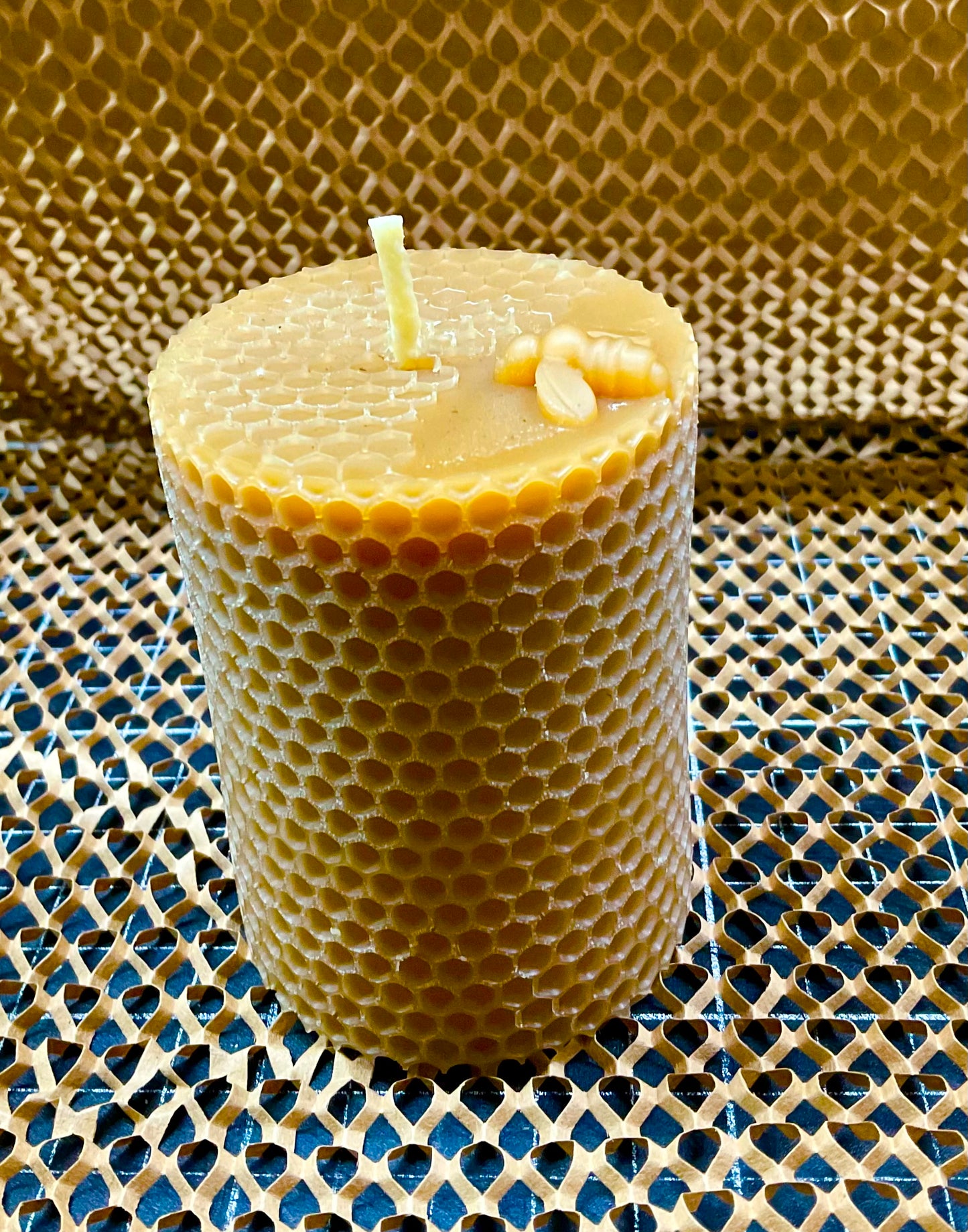 Beeswax Pillar Candle – Honeycomb Design