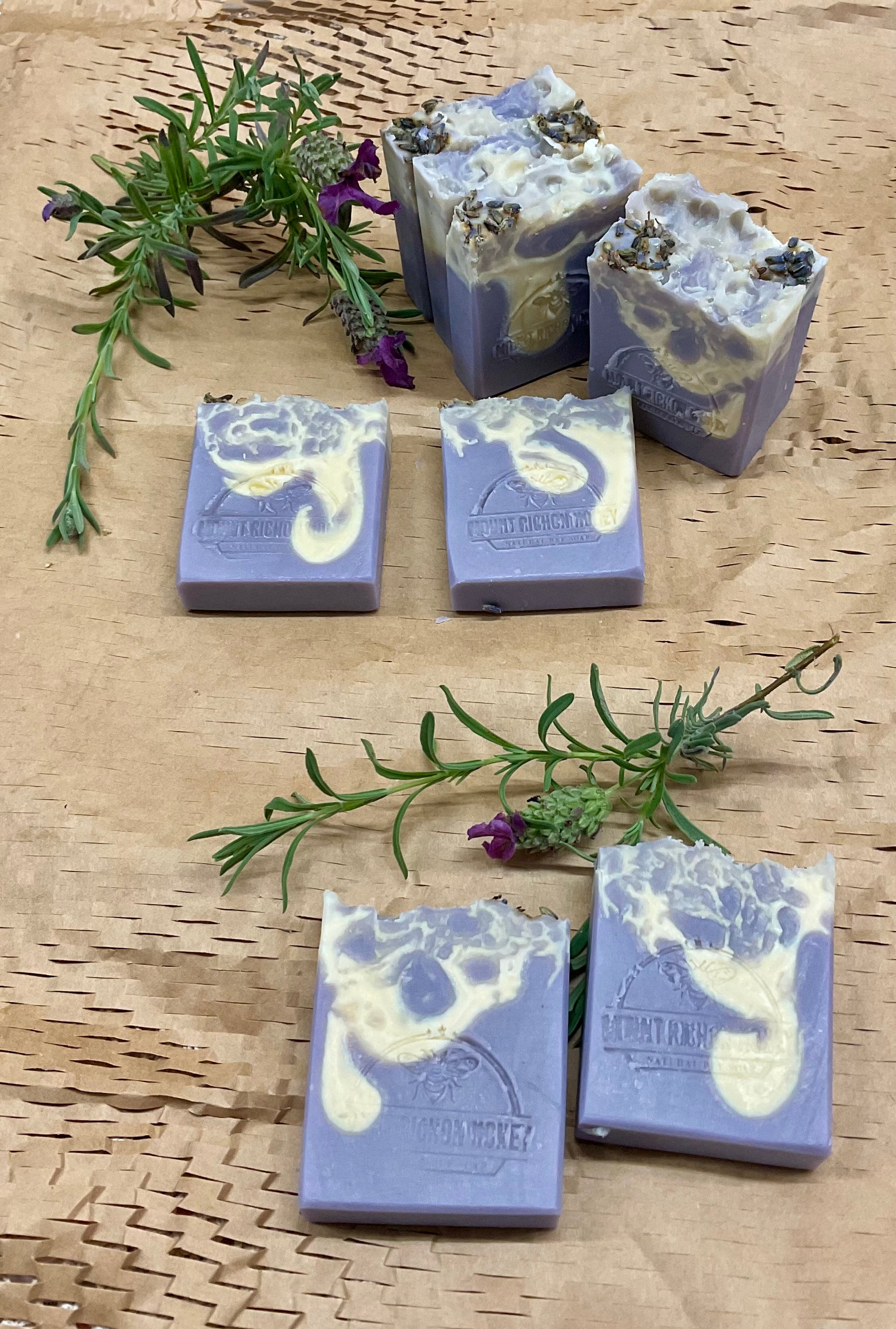 Handmade honey lavender soap with botanicals, styled for Mount Richon Honey