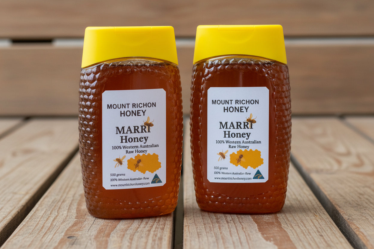 Two jars of Mount Richon Honey on a textured surface